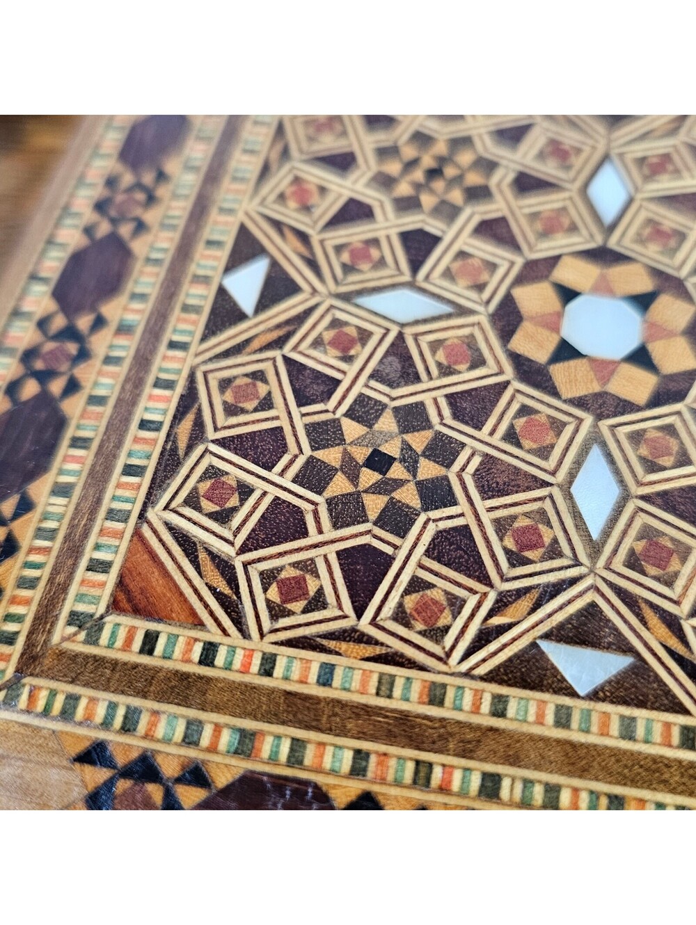 Vintage Damascus Mosaic Wood Jewelry Box Mother of Pearl Inlay 5 Inch - Picture 6 of 14